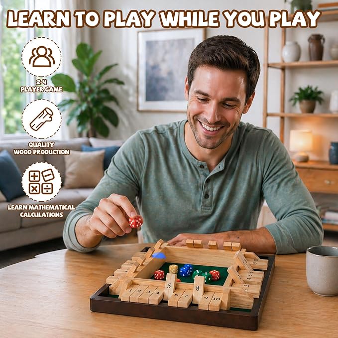 Kvintes 12 Inch Shut The Box Dice Game – Wooden Tabletop Board Game with Felt Mat, 10 Number Tiles & 8 Dice, Classic Bar Game, Family Game Night, Travel Game for Adults