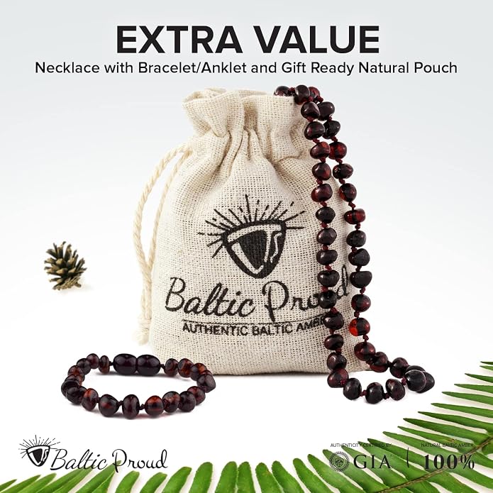 Baltic Proud Amber Necklace And Bracelet Gift Set (Unisex Cherry) - Certified Premium Quality Raw Baltic Amber