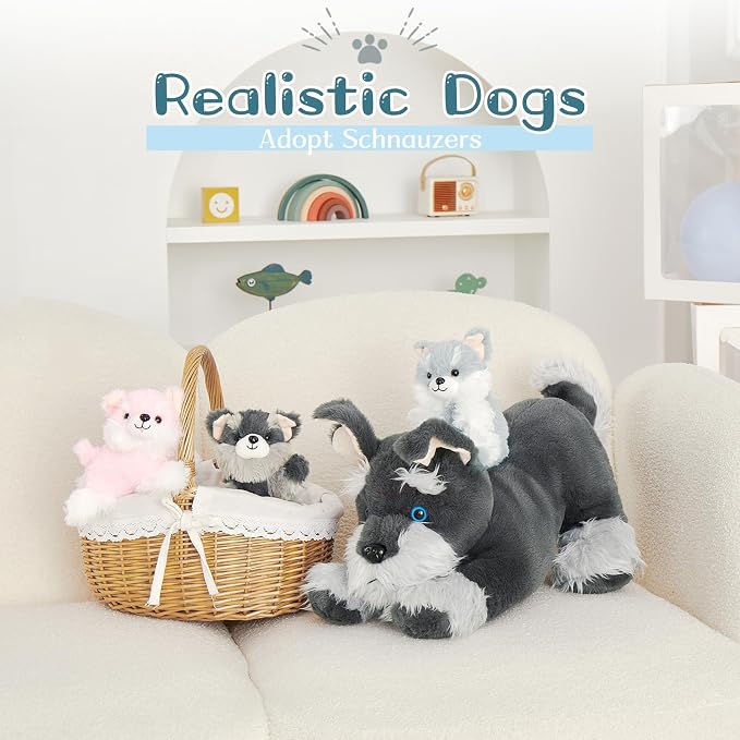 MorisMos Plush Schnauzer Dog Stuffed Animal with Babies, 20'' Big Mommy Dog with 3 Baby Puppy Toys for Kids, Xmax Stuffed Schnauzer Dog Toys for Girl Boy, Lifelike Dog Gifts for Christmas Birthday