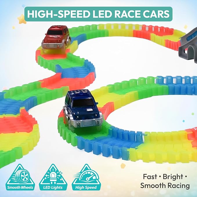 Speed Tracks Flexible Race Track Set - 360 Piece Bendable Glow in The Dark Race Track for Kids with 2 LED Toy Race Cars & Bridge - 14+ Ft Bendable car Race Track Toy for Kids Ages 3+