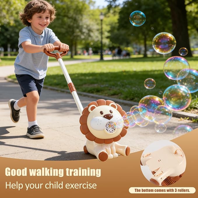 Lion Automatic Bubble Machine for Toddler Kid Toy 1 2 3 4 5 6 7 8 1yr Year Old Little Girl Boy Gift Lawn Mower Maker Blower Summer Outdoor Push Toys Rechargeable Easter Christmas Birthday Present