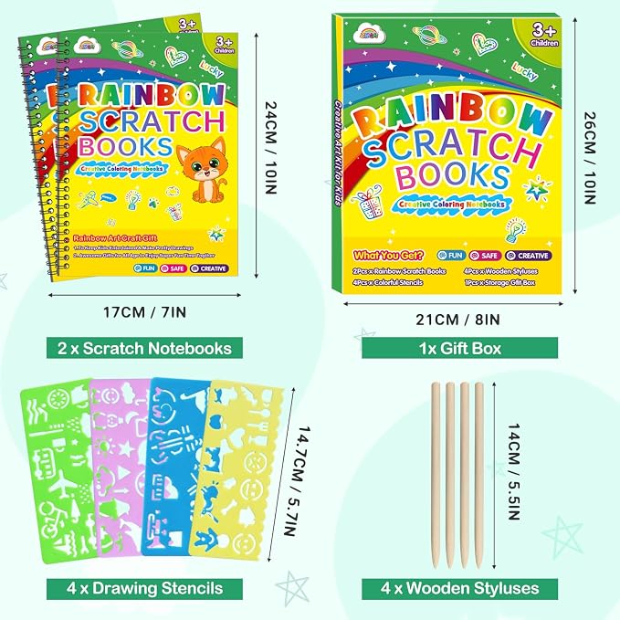 ZMLM Scratch Paper Art Craft: 2 Pack Rainbow Scratch Notebooks Crafts for Kids Ages 4-8 Year Old Girl Birthday Gift Games for Kids Arts Kits School Party Toys Activity