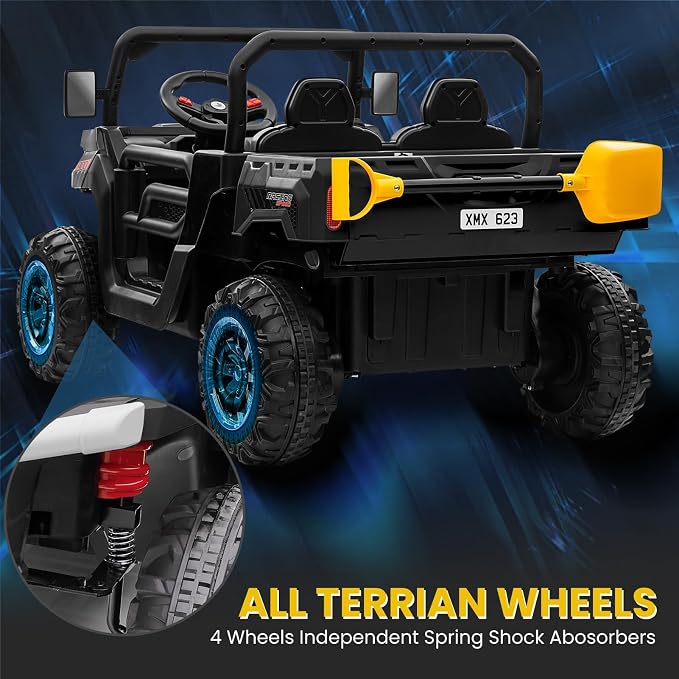 24V 4WD Ride on Truck Car w/4X200W Motor, Dump Bed, Gift Flower, 2 Seaters, Remote Control, 4 Wheeler, LED Light, Music, 24 Volt Ride on Toys for Big Kids Girls 3-8, Black