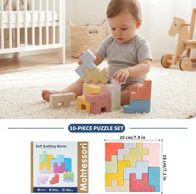 10 Soft Animal Stacking Blocks for Babies 6-12 Months, Montessori Toys for 1 2 Year Old Girls & Boys, Building Blocks Game Teething Toys for Babies Birthday Gifts, Shapes & Colors