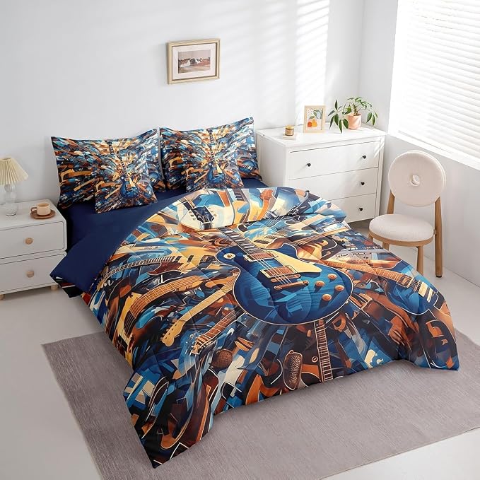 Feelyou Guitar Comforter Set with Sheets Full Size Rock Music Bed in a Bag for Boys Girls Teens Navy Blue 7 Pieces Bedding Set Soft Lightweight Microfiber