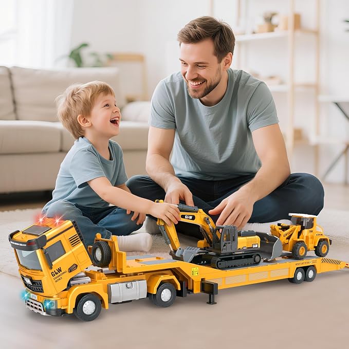 Yalujumb Toddler Boys Toys for 3-5 Years Old, Construction Toy Set w/Semi Truck, Excavator, Bulldozer, Alloy Engineering Construction Vehicles Truck Toys for Boys Age 4-7