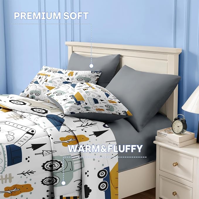 Nesker Comforter Set Queen Size, Cute Cargo Crane Bulldozer 7 Pcs Bedding for Kids Teens, Cars Truck Tractor Excavator with Fitted Sheet 2 Pillowcases & 2 Shams for Bedroom Bed Decor