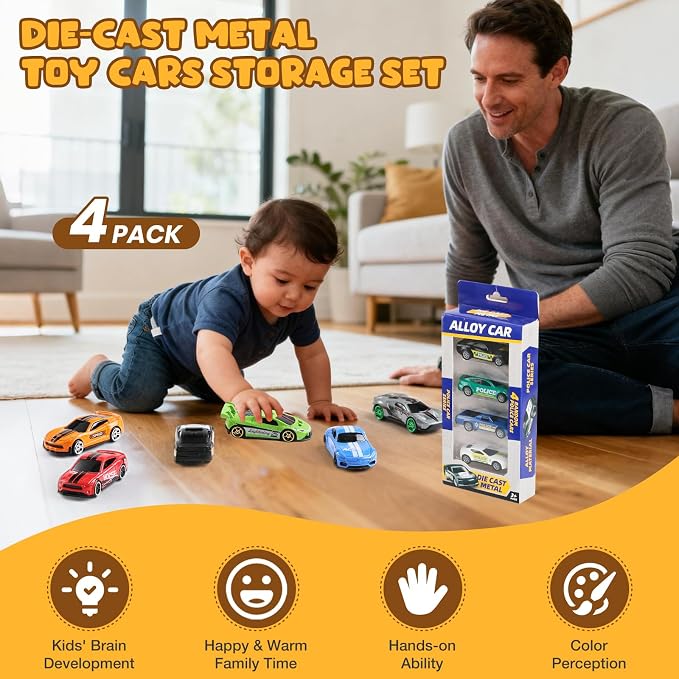 Die Cast Pull Back Toy Cars, 4 Pack 1:64 Mini Cars with (Middle) | 4 pull-back die-cast mini cars with a portable storage case for racing, collecting, sharing, and travel play.
