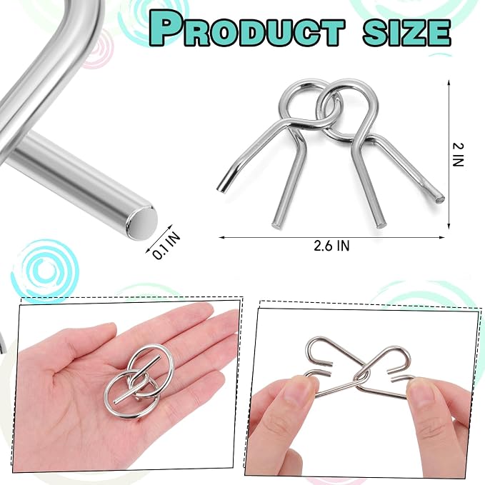 Metal Wire Puzzle Set of 8 with Pouch, Brain Teaser Puzzles IQ Test Ring Disentanglement Unlock Interlock Game Trick Metal for Party Favor Challenge(B Style)