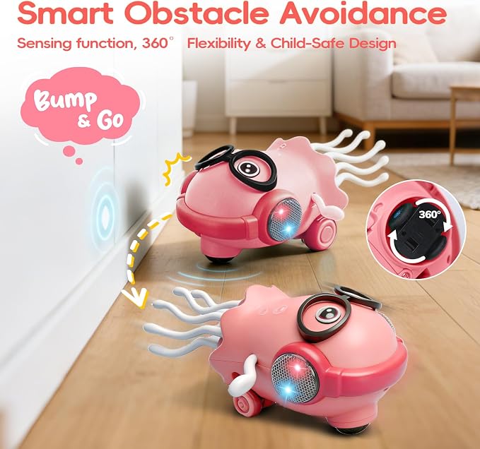 GONINO DJ Dancing Jellyfish Baby Girl Toys, Musical Crawling Tummy Time Toys with LED Light & Smart Obstacle Avoidance, 360° Spin Sensory Toys for Toddlers Kids, Birthday Gifts for Girls, Pink