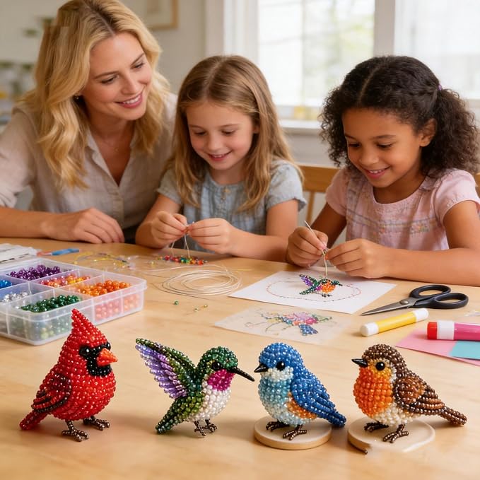 CJNEJGT Kid Friendly 3D Beaded Animal DIY Kit, Stress Relief Leisure DIY Bead Toy Set, Beginner Bead Embroidery Craft Gift with Step-by-Step Instructions (4PC Bird)