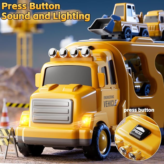 Construction Trucks Toys for 3 4 5 Years Old Boys - 5-in-1 Carrier Transport Vehicle Truck for Toddlers 3-4 Years with Crane, Mixer, Pushdozer and Excavator, Car Toys Birthdays Gift
