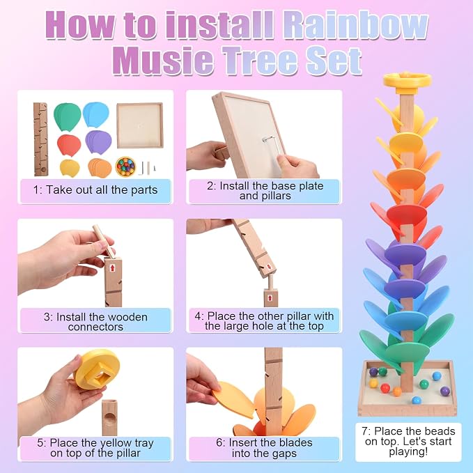 Wooden Rainbow Marble Run Tree, 30pcs Vertical Marble Run Construction Game,Creative Color Sorting Ball Drop Musical Toy,Montessori Learning Stem Gift for Kids Age 3,4,5,6,7,8+