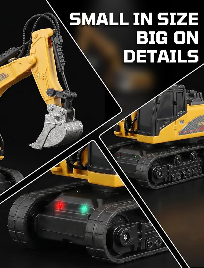 SHINESIGNAL10 Channel Mini RC Excavator Toy, Remote Control Excavator for Adult, Metal Aolly Bucket,Type-C Rechargeable, Construction Vehicle Toy for Boys 3+ Year Old
