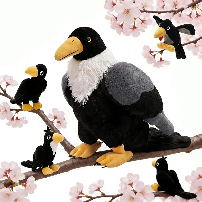 MorisMos Crow Raven Stuffed Animals, 26'' Mommy Raven Plush with 4 Baby Crow Plush Toys for Kid Girl Boy Bird Lover Christmas Birthday Gift, Realistic Black Bird Decor for Halloween Easter Baby Shower