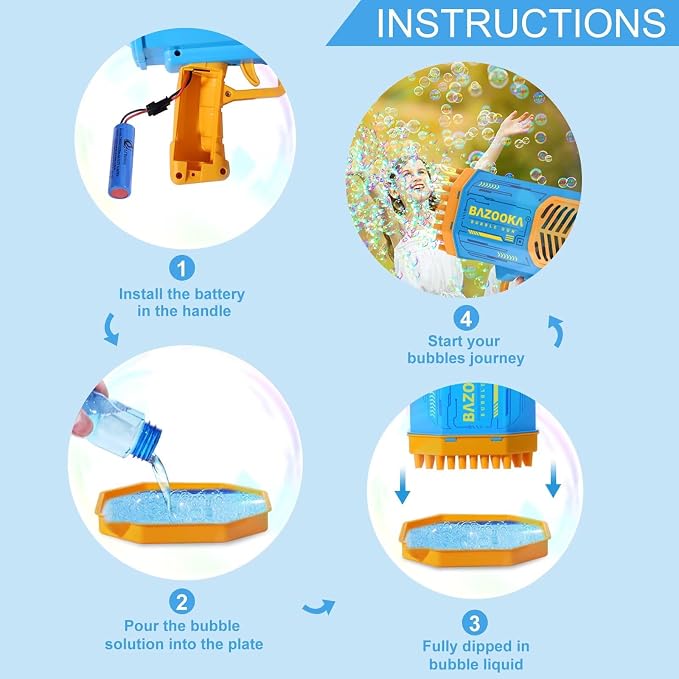 Bubble Gun Bazooka Machine with Solution - 69 Holes Blaster for Outdoor Summer Toy, Party Favors - Blue Easter Bubble Maker Blowers for Kids