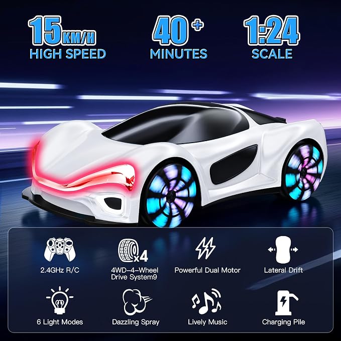 Remote Control Car,RC Cars Boys Toys for 6 7 8 9 10 11 12 Year Old 2.4GHz 360° Rotate RC Cars with Cool Lights, Music & Spray Effects Cool Birthday for Kids & Boys 6-12