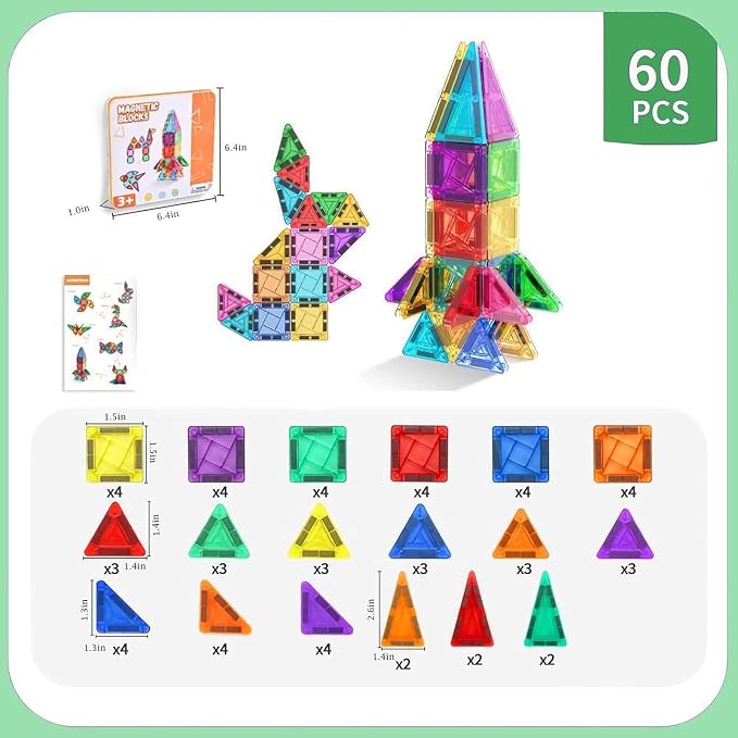 60PCS Portable Mini Magnetic Tiles Travel Set with Metal Case, STEM Magnetic Building Blocks Educational Toy for Kids Ages 3-8, Classroom Must Have for Boys and Girls