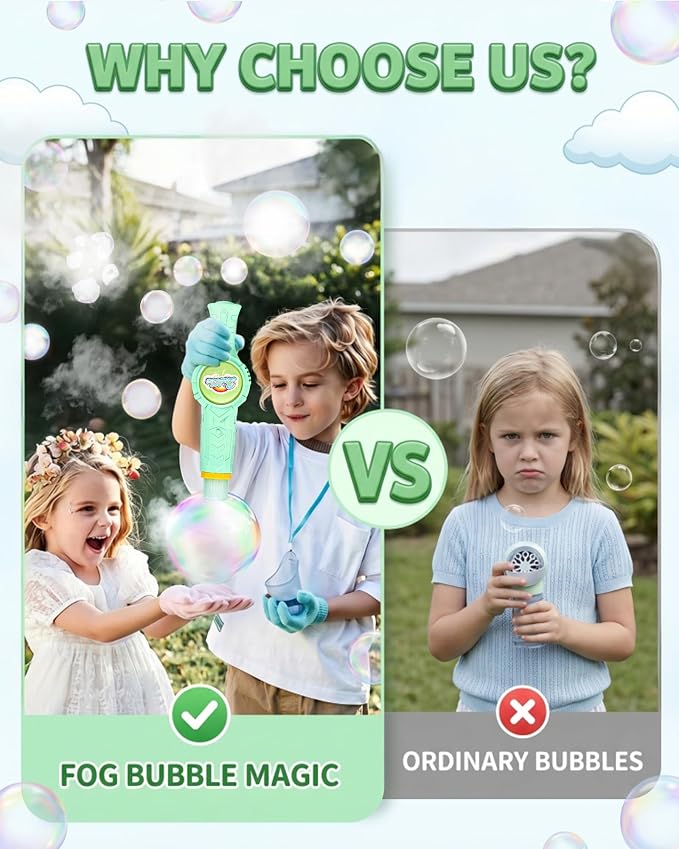 Fog Bubble Machine, Smoke Bubble Wand Machine Rechargeable with Lights & Sound Fog Game for Parties, Beaches, Summe (Green)