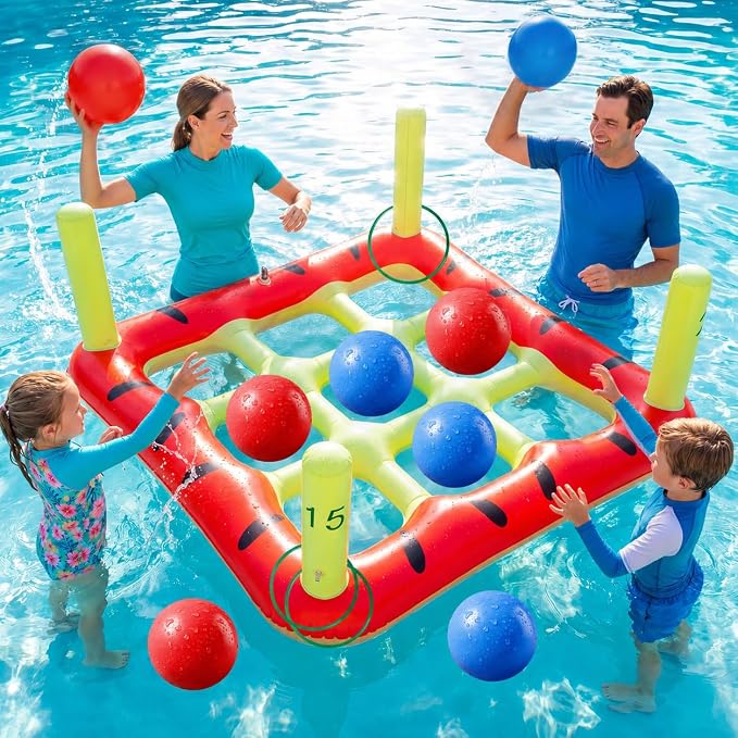 Pool Toys Games Set, 2 in 1 Giant Inflatable Pool Tic Tac Toe Game & Ring Toss with Combined Inflation & Water Filling Valve for Adults Kids Family, Shallow Water Beach Yard Activities