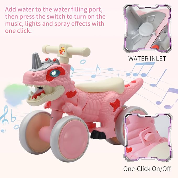 Dinosaur Balance Bike for 1-3 Year Olds, 4-Wheel No-Pedal Bike for Walker, Ride on Toys for Toddlers with Music and Mist Spray, First Birthday Gift for Boys & Girls (Pink)