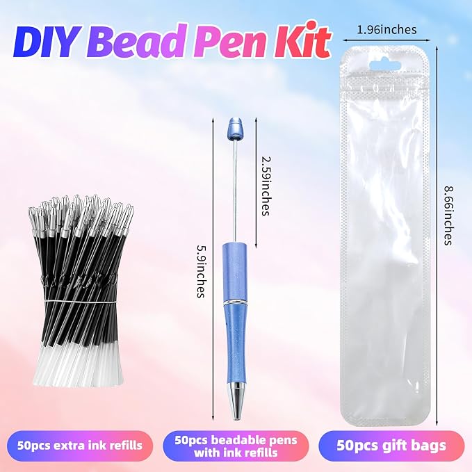 150 Pieces DIY Beadable Pen Kit – 50 Plastic Ballpoint Pens with Refills & Bags – School Supplies, Office Accessories & Decorative Items for Students & Teachers (Blue)