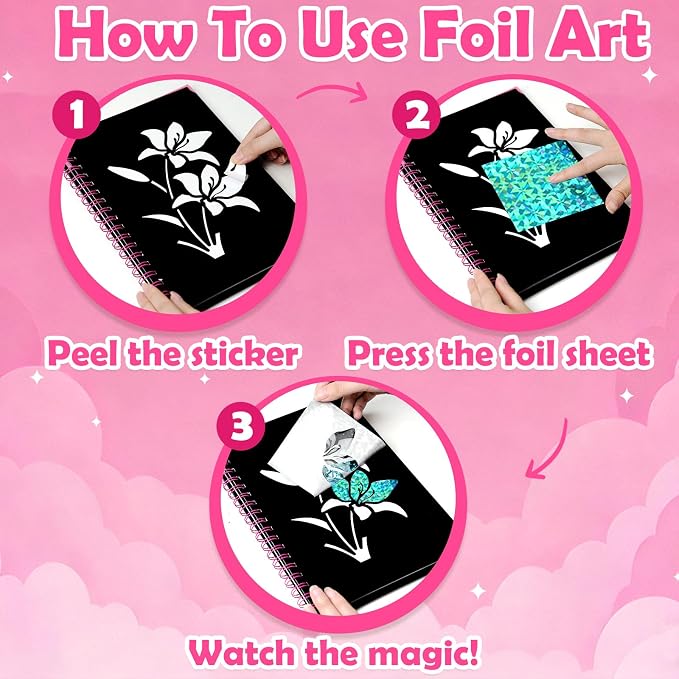 FUNNYB&G Foil Art Craft Kit for Girls 4-10 Years Old: Mess-Free & No-Glue, Create 16 Sparkly Flower Pictures – Perfect Travel Toy & Birthday Gift for Kids(Flower)
