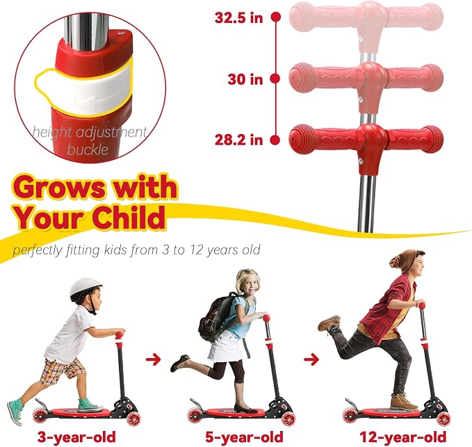 Scooter for Kids 3-12, Kid Scooters with Extra-Wide Deck, 165 lbs Capacity, 3 Wheel Kick Scooter with Lean to Steer, Height Adjustable Handlebar, Light Up Wheels for Stable Smooth Riding, Child Gift