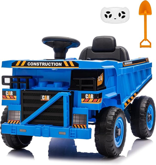 12V Ride On Dump Truck Kids Ride On Car for Kids, Battery Powered Electric Car with Remote Control, Electric Dump Bed, Wear-Resistant Tires, 4 Wheels Tractor Ride On Toys, Blue