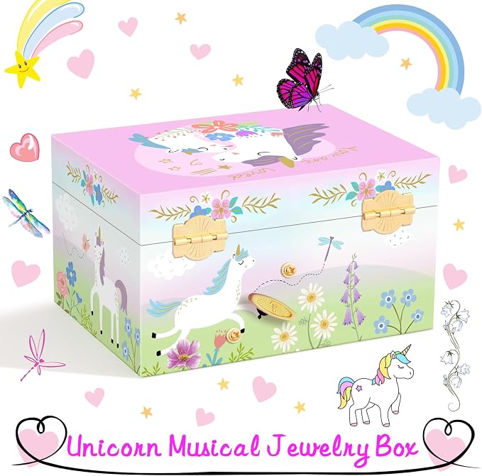 RR ROUND RICH DESIGN Kids Music Jewelry Box with Foil Gold Unicorn Theme Spinning Playback the Tune for Beautiful Dream Song Pink-Green