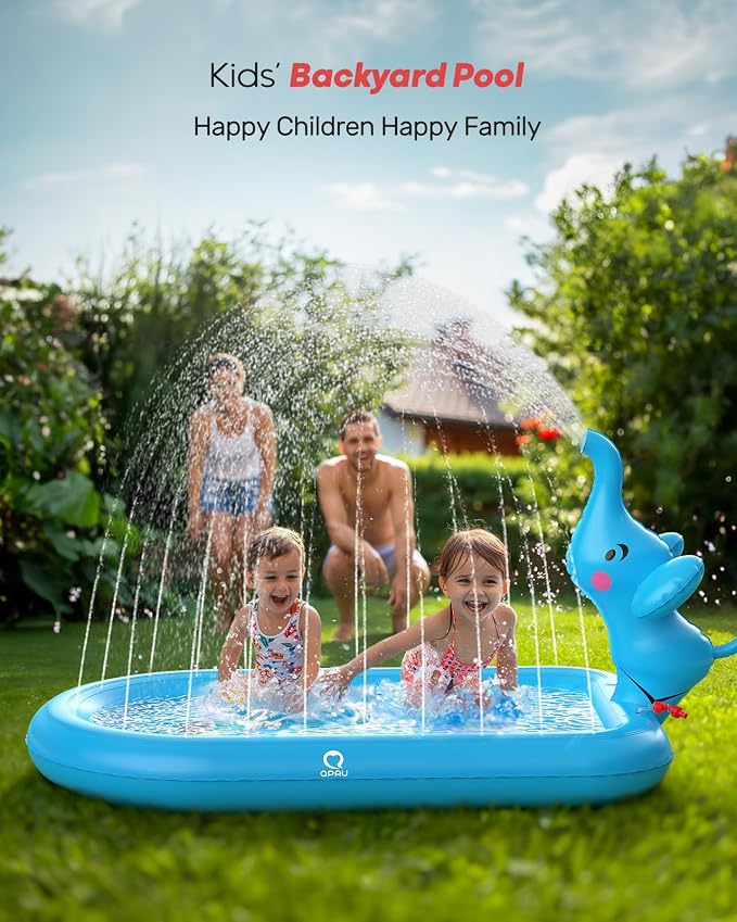 QPAU Splash Pads for Toddlers 1-3, Blue Elephant Toy Splash Pad for Kids, Outdoor Play Mat for Babies, Inflatable Sprinkler Pool for Birthday Girl Gifts 1 Year Old Girl
