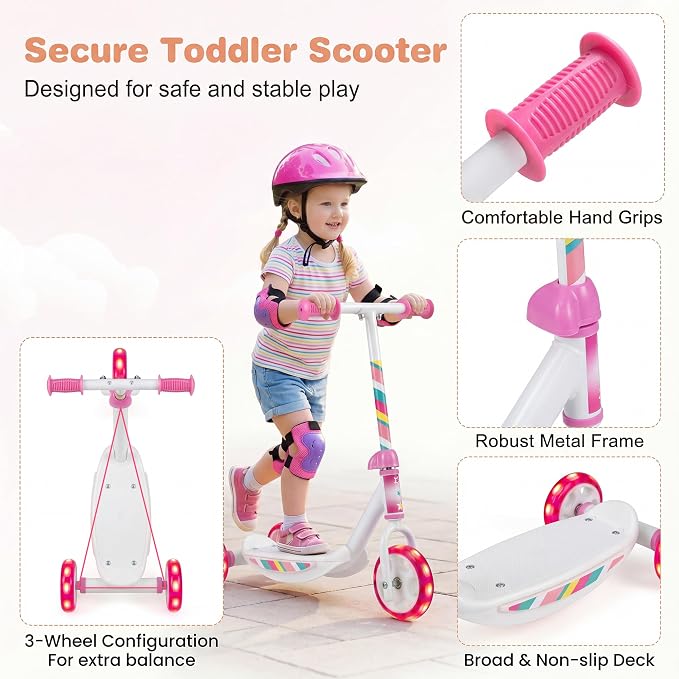 GYMAX Kick Scooter for Kids 2+, 3 Light-up Wheels Toddler Scooter with Wide Anti-Slip Deck & Hand Grip, Heavy Duty Stable Lightweight Ride On Scooters for Boys Girls