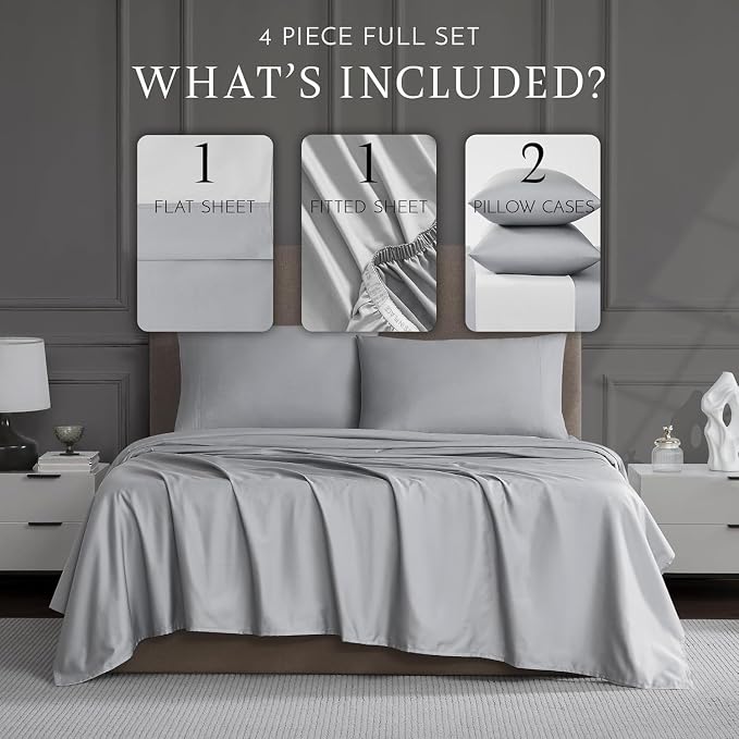 Linen Closet Luxury 1200 Thread Count Full Size Sheets Set, 4 Pieces, Cotton Rich, Soft Silver, Soft, Durable & Wrinkle Resistant Sateen Sheets, 16" Deep Pocket Fitted Sheet, Home & Hotel Essentials