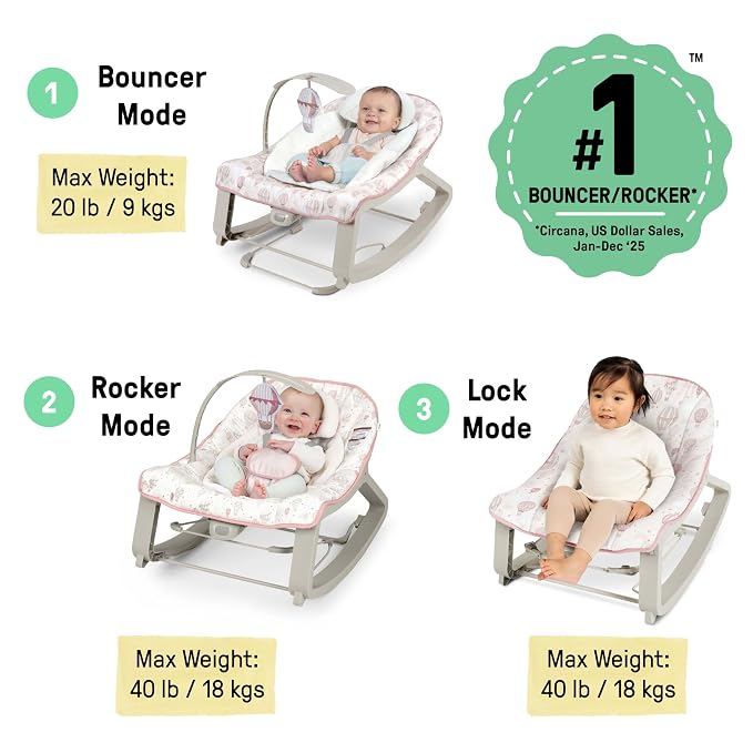Ingenuity Keep Cozy 3-in-1 Grow with Me Vibrating Baby Bouncer, Seat & Infant to Toddler Rocker, Vibrations & Toy Bar, 0-30 Months Up to 40 lbs (Skye)