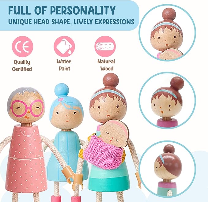 Giant bean Wooden Family Dolls Set of 7 for Dollhouse, Dollhouse People Miniature Dollhouse Accessories Toy for Boys Girls Kids Pretend Play 3 Years up