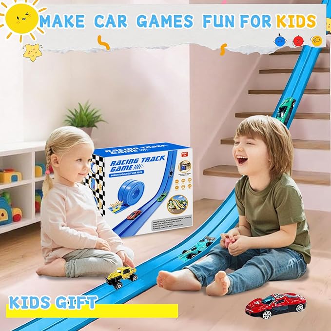 16Ft Flexible Race Track for Kids, Flex Track with 6 Hot Wheels Race Car Track Double-Side Track Toys Compatible with 16 Suction Cups, Storage Bag Rolls Up Race Tracks Birthday Gifts for Boys Girls