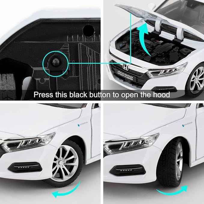 WAKAKAC Toy Cars Compatible for 1:24 Accord Model Cars, Pull Back Die-cast Vehicles with Sounds＆Lights for Kids Boys Girls and Adults, Gift White