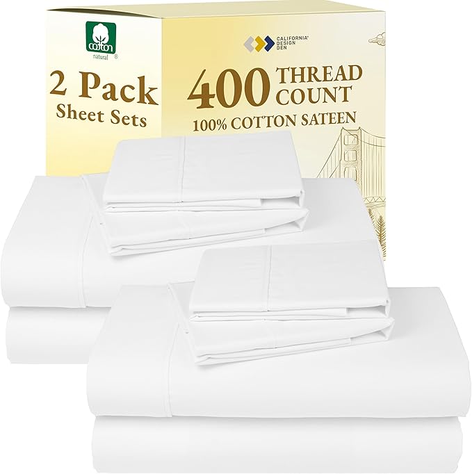 California Design Den Pack of 2 100% Cotton King Size Sheets Set 400 Thread Count Sateen - Soft and Breathable Sheets, 2 Sets of Deep Pocket Bed Sheets - Antique White