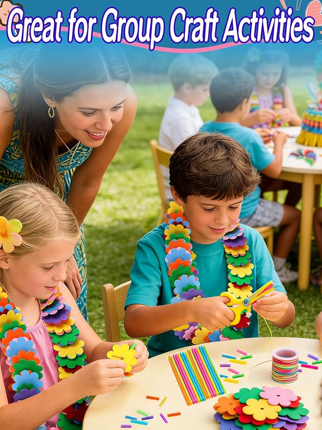 Cosweet Lei Making Craft Kit for Kids - Hawaiian Leis Bulk Makes 48 Flower Necklaces with 2000 Felt Flowers, Lei Craft Supplies for VBS, Classroom Activities & Luau Party Favors