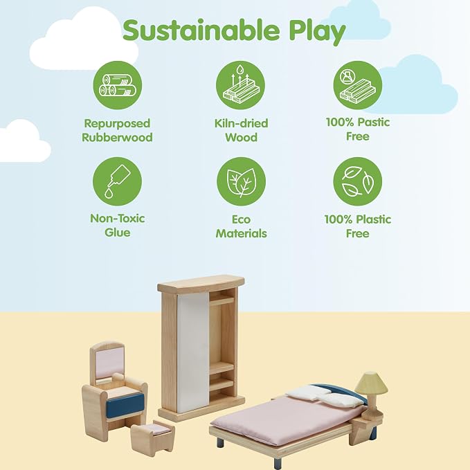 PlanToys® Wooden Bedroom Dollhouse Furniture Set in Orchard Shade for Kids | Montessori Small World and Home Routine Play | Eco Friendly Wooden Dollhouse Bedroom Set for Imaginative Play
