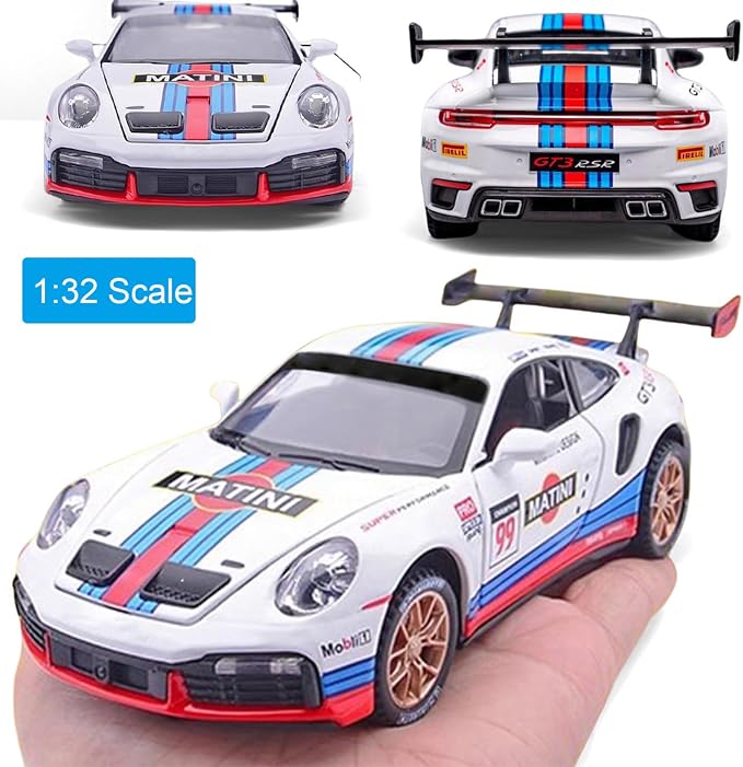 Toy Cars for 911 GT3 RS RSR Turbo S, 1:32 Alloy Diecast Model Cars,Pull Back Car Toy with Light and Sound Gift Sports Race Car for Boys Age 3+ Gifts White