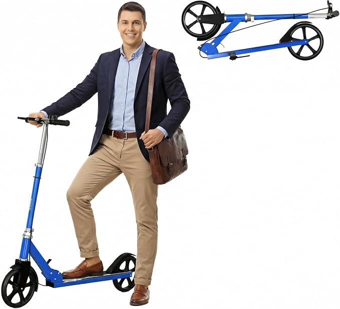Non-Electric Scooters for Kids 8-12, Teens & Adults - Foldable Commuter Scooter with 8" Wheels, Bell, Hand Brake & Adjustable Height 30"-40.5", 220LB Capacity, Manual Push Scooter for Campus & Park