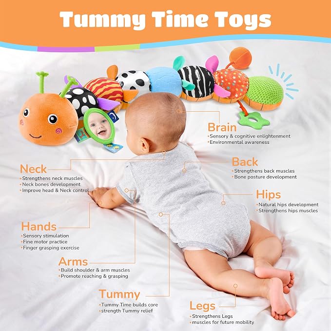 Baby Toys Musical Caterpillar Interactive Multicolored Infant Toy Crinkle Rattle Soft with Ring Bell Stuffed Cuddly Baby Toy with Ruler Design Educational Toddler Plush Toy for Preschool | Stuffed Animals Tummy Time Teething Toys with Mirror Pull Strin...