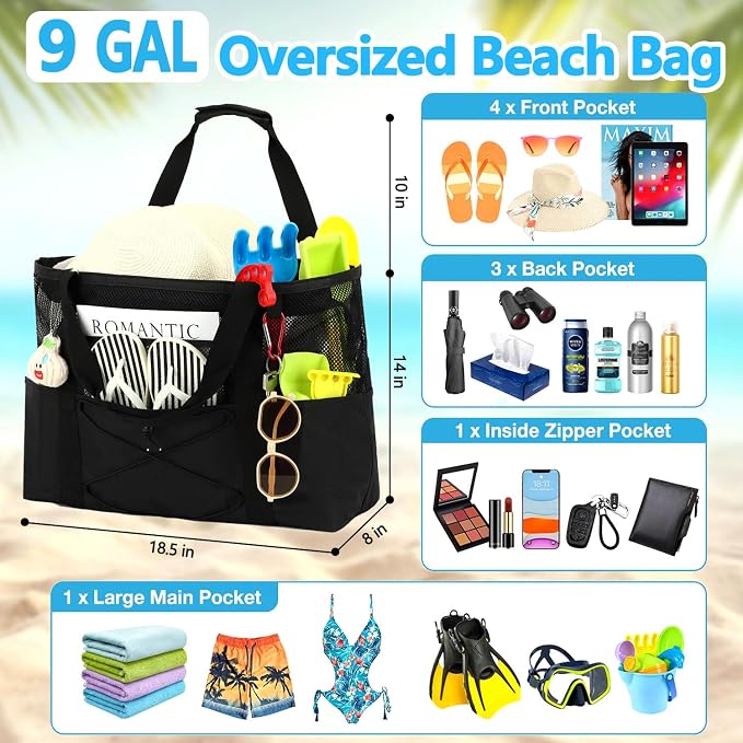 Fammart Mesh Beach Bag for Women, Large Beach Toy Pool Bag with Zipper Pocket, SandProof Cruise Essentials 2026 Family Travel