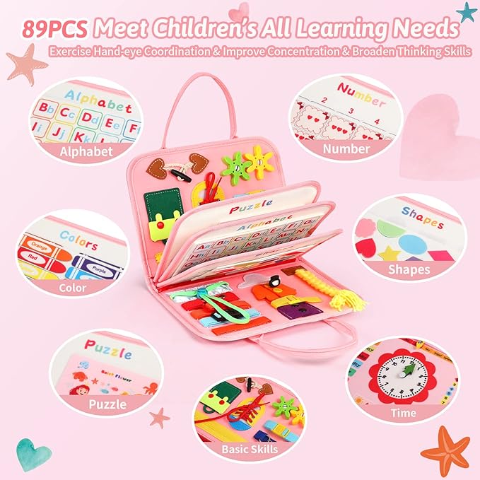 Quiet Flower 8 in 1 Busy Board Montessori Toys - Pink Sensory Busy Book & Activity Book for Basic Motor Skills, Educational Airplane Toys & Travel Essentials for Kids, Birthday Gift for Girl