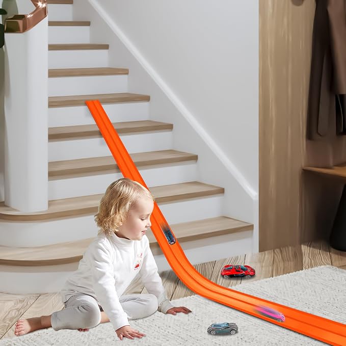 Flex Track Race Set for Kids, 15FT Starter Set Car Track with 4 Suction Cups and 6 Diecast 1/64th Cars - STEM Racing Toy for Boys & Girls Ages 3+ (Upgrade Orange) (Orange)