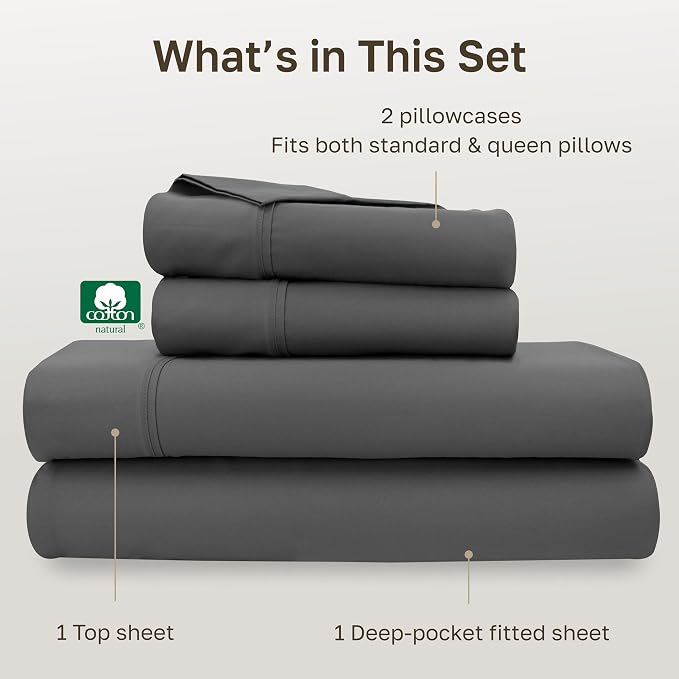 California Design Den Soft 100% Cotton Queen Sheet Set, 400 Thread Count Good Housekeeping Award Winner, Silky Smooth Sateen Weave with Deep Pockets, Durable Cotton Bed Sheet Set - Grey
