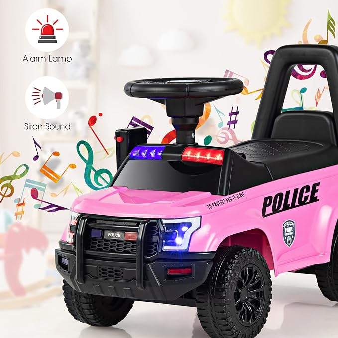 OLAKIDS Ride On Push Police Car, Toddler Foot-to-Floor Sliding Toy with Siren, Steering Wheel, Megaphone, Horn, Headlights, Under Seat Storage, Kids Racer Walking Gift for Boys Girls 1-3 (Pink)