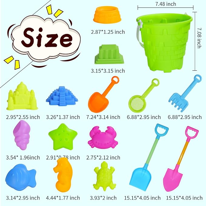 17 Pcs Beach Toy Set for Kids - Includes Bucket, Molds, Shovel, Rake, Sifter & Castle Toys - Sand Bucket and Shovel for Boys and Girls