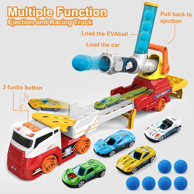 Dwi Dowellin Truck Toys for Kids, 28" Large Car Toys Include 4 Racing Cars+6 Ball, with Light & Sounds, Eejection&Shooting Transport Cars Toys Vehicle, Gifts for Boys Girls-RED